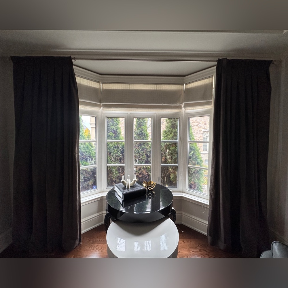Drapery panels, charcoal gray dupioni silk fully lined